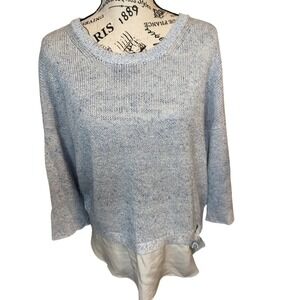 KASH Women's Med Blue Speckled Knit Top with Layered Chiffon Hem Made in Italy